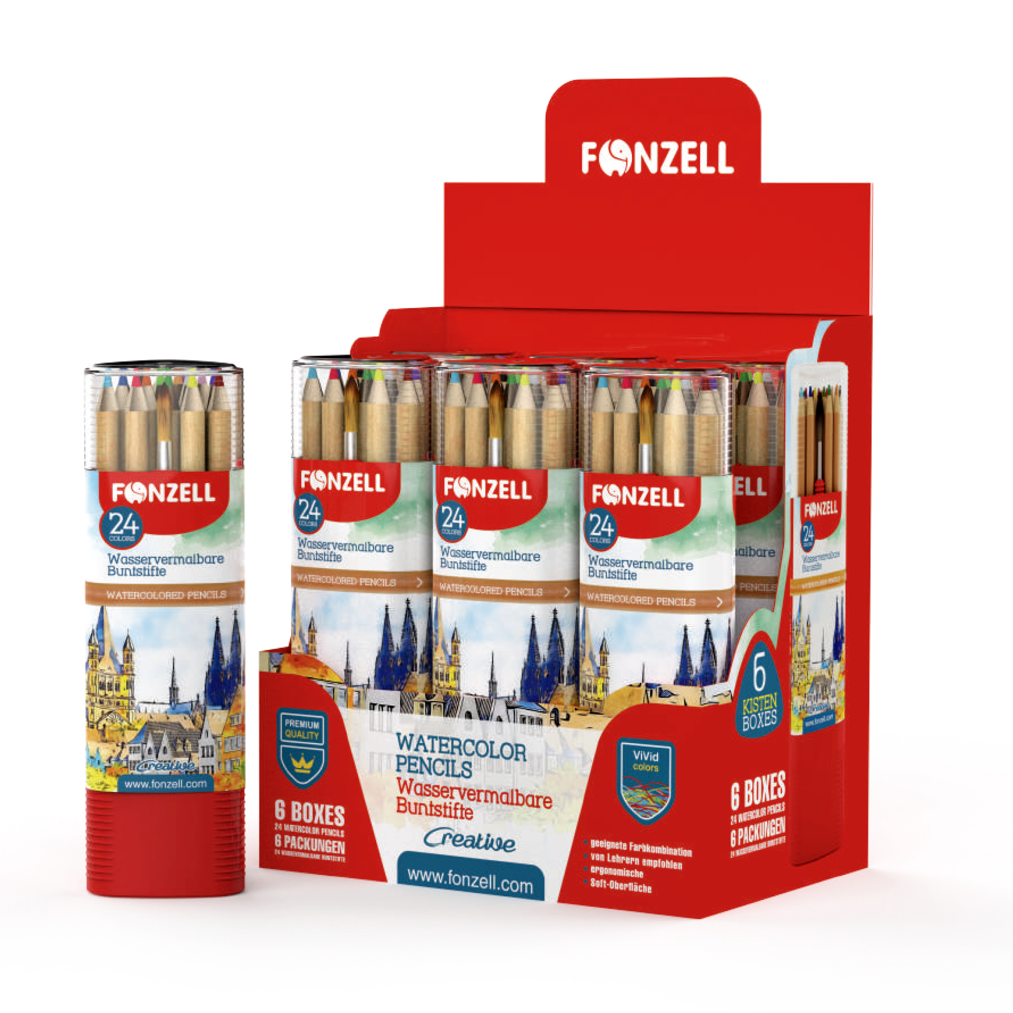 مداد آب رنگی بدنه گرد 24 رنگ استوانه‌ای سه‌ گوش کارتن ۴۸ عددی (برند فونزل)