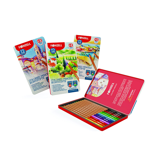 مداد رنگی ۱۲ رنگ جعبه فلزی مدل school کارتون ۹۶ عددی ۵۰۵۲ (برند فونزل)