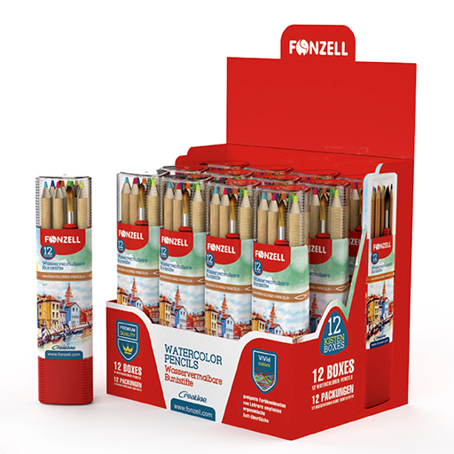 مداد آب رنگی بدنه گرد 12 رنگ استوانه‌ای سه‌ گوش کارتون ۹۶ عددی (برند فونزل)
